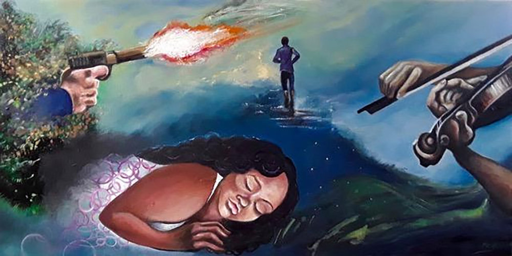 She was sleeping, he went running, an orphaned violin, 2020, acrylic on canvas, 15” x 30” by Karen Gersch.